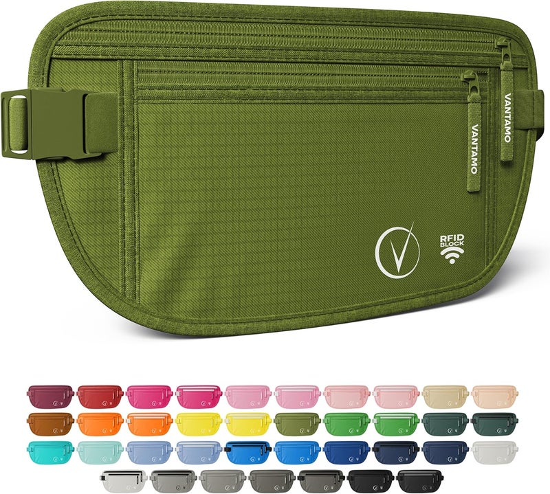 Vantamo حزام نقود مع RFID للرجال والنساء، حامل جواز سفر مخفي للسفر، حقيبة خصر سفر بجيبين للنساء مضادة للسرقة - Image 1